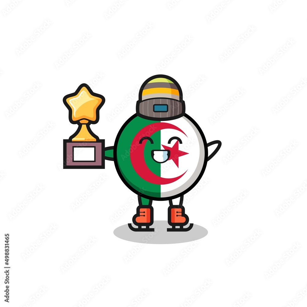 algeria flag cartoon as an ice skating player hold winner trophy