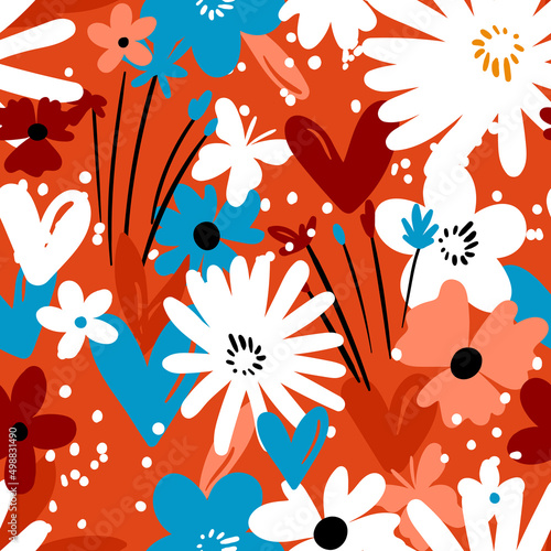 Seamless floral pattern based on traditional folk art ornaments. Colorful flowers on color background. Scandinavian style. Sweden nordic style. Vector illustration. Simple minimalistic pattern
