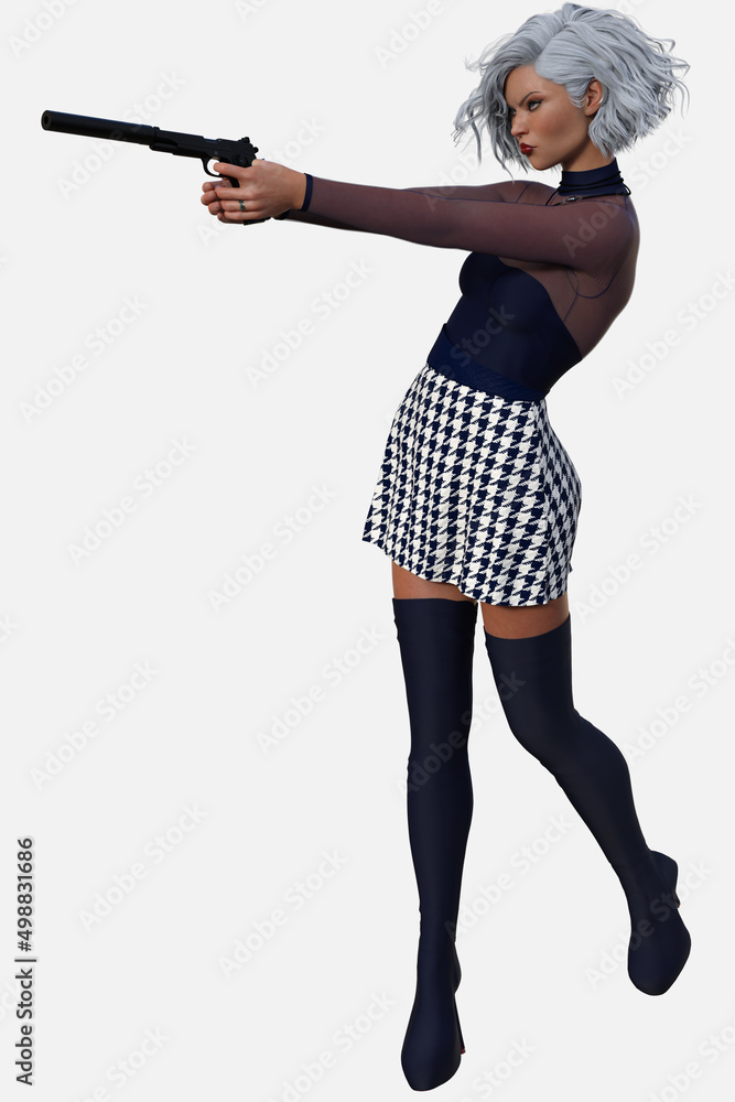 Full body portrait of Zara a young beautiful female woman in a short skirt blouse and thigh high heel boots with silver hair blue eyes and standing on an isolated white background 3D illustration Full body portrait of Zara a young beautiful female woman in a short skirt blouse and thigh high heel boots with silver hair blue eyes and standing on an isolated white background 3D illustration