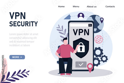 Man use VPN to protect personal data in phone. Application for secure internet connection, data encryption. Template, landing page. Security protocol