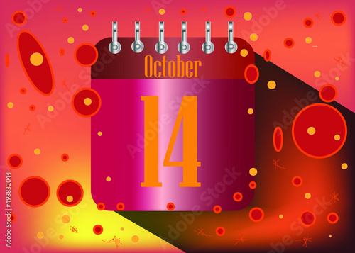 14 October. Calendar icon for the days of the month with fire and hot flames