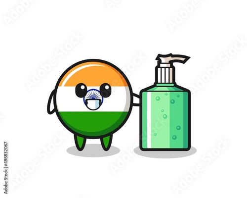 cute india flag cartoon with hand sanitizer