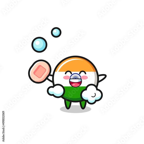 india flag character is bathing while holding soap