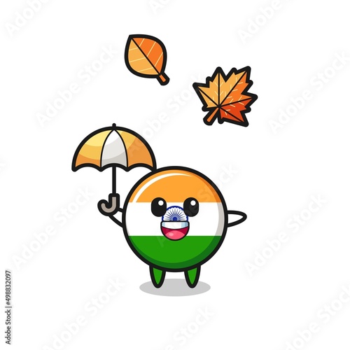 cartoon of the cute india flag holding an umbrella in autumn