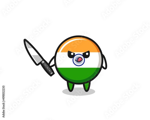 cute india flag mascot as a psychopath holding a knife