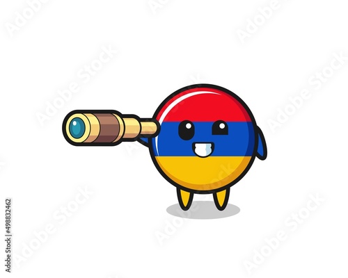 cute armenia flag character is holding an old telescope