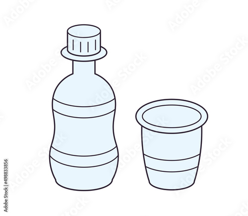 Empty plastic disposable water bottle and cup isolated cartoon line vector icon © ghrzuzudu