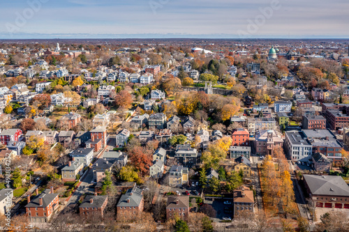 Aerial view of suburban houses during the Fall in Providence, Rhode Island