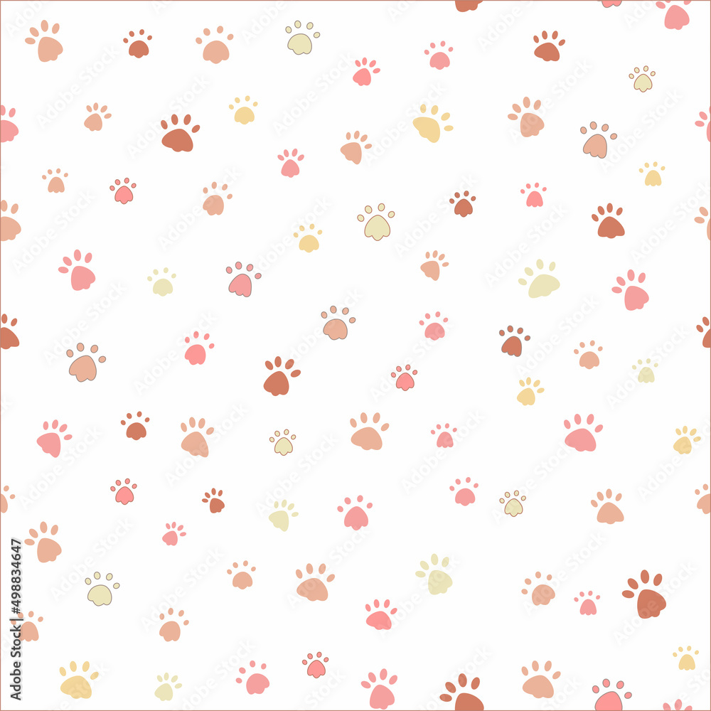 Cat paw print vector illustration. Dog, different colored animal footprints on a white background. Seamless pattern of animal paws