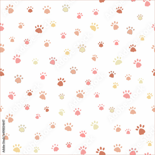 Cat paw print vector illustration. Dog, different colored animal footprints on a white background. Seamless pattern of animal paws