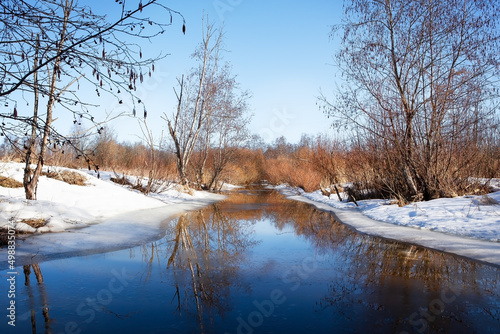 In the spring, ice melted on the river in the grove.