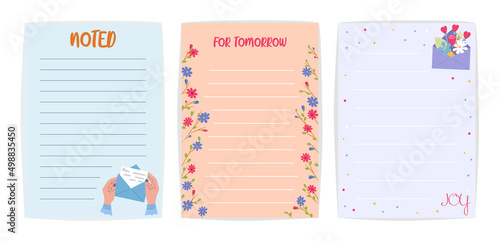 Set of cute agenda, notepad page with place for text. Blank to-do list, planner sheets with envelopes and flowers. Flat vector illustration isolated on white background.