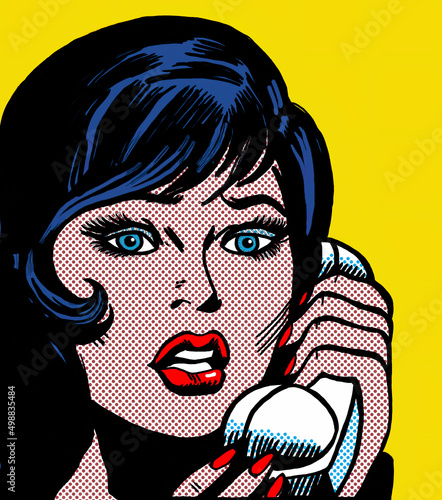 Photo illustration of a girl face talking on the phone in the style of 60s comic books