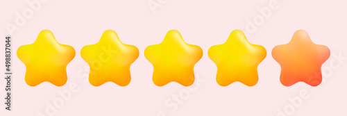 Five 5 star rank sign. Four gold stars from five. 3d Glossy golden stars sticker icon rating isolated on pink background.  Service rating, achievement symbol. Vector illustration