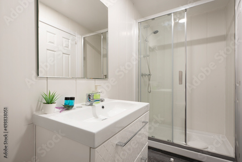 bathroom with one-piece white porcelain sink on lacquered wood cabinet with drawers  wall-mounted frameless square mirror and glass-enclosed shower stall