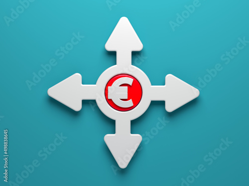 White arrows and a euro symbol. On the grayish blue-colored background. Horizontal composition isolated with clipping path.