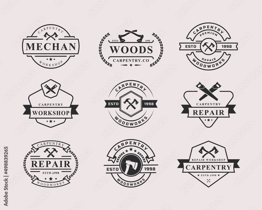 Set of Vintage Retro Badge Working Tools, Carpentry, Workshop Labels, Logos Design Elements