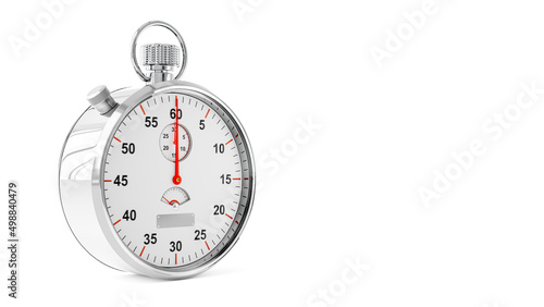 Vintage stopwatch made from metal that looks glossy on white background. Copy space for your text, 3D Render.