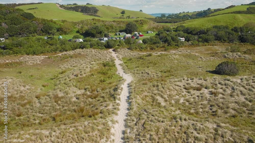 Aerial Of Campground At Tawharanui beach, New Zealand Aerial Of Campground At Tawharanui beach, New Zealand