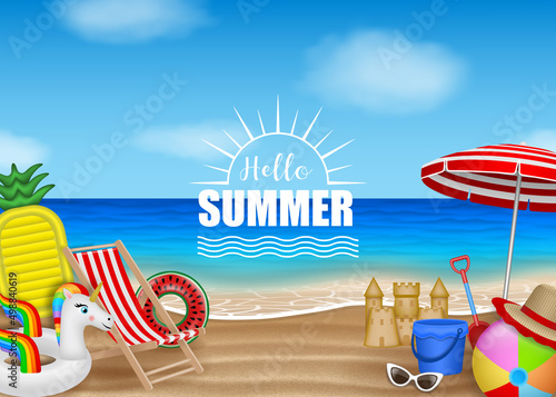 Hello summer poster with beach elements on sea background