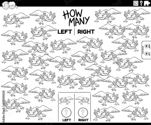 count left and right pictures of cartoon axolotl coloring book page