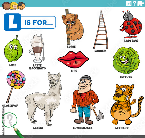 letter l words educational set with cartoon characters