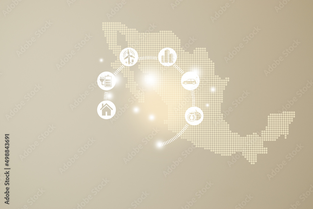 Energy saving concept. Energy innovation with future industry of power generation icons graphic interface. Interactive map of   Mexico  on beige background