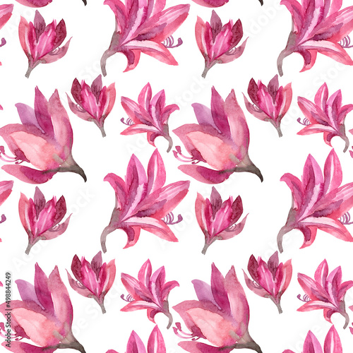 Seamless pattern watercolor abstract pink purple lily on white background. Hand-drawn summer bouquet flower. Botanical art for card celebration wedding  birthday  wallpaper wrapping  textile  gift