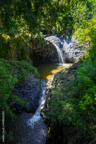 Double waterfall and muddy pools on the Pipiwai Trail in the Haleakala National Park on the road to Hana  east of Maui island  Hawaii  United States