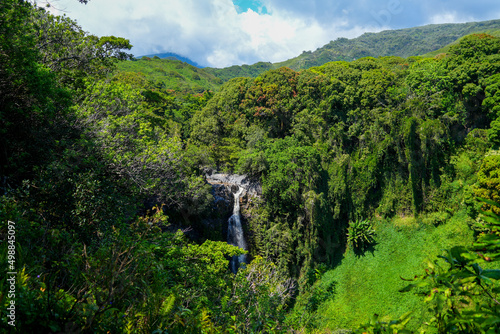 Makahiku waterfall on the Pipiwai Trail in the Haleakala National Park on the road to Hana, east of Maui island, Hawaii, United States