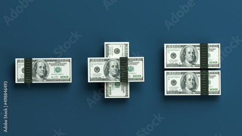 Minus plus and equals-shaped American one hundred dollar stack. On dark blue-colored background. Horizontal composition with copy space. photo