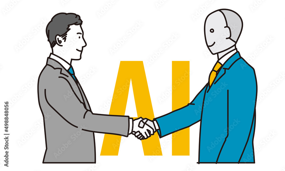 AIと握手をするアジア人ビジネスマン