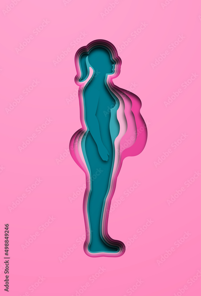Paper cut woman in full body profile view with layered overweight and athletic body image. Thin female getting obese or weight loss illustration concept. Obesity disease risk, eating disorder design.