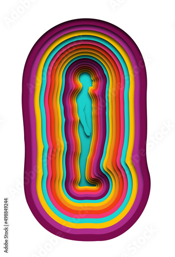 Colorful paper cut layered full body man illustration. Realistic 3D papercut man silhouette on isolated background for spirituality or psychology concept. Psychedelic experience, energy balance.