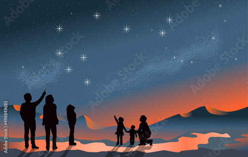 Matariki Star scene night sky with silhouette people looking at space