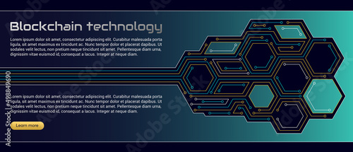 Blockchain technology concept, cryptocurrency. Working with tokens on the Internet, security. Futuristic background with elements in techno style microchips. Design banner template for web. Copyspace.