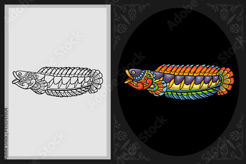 Colorful channa aurantimaculata fish zentangle art with black line sketch isolated on black and white background photo