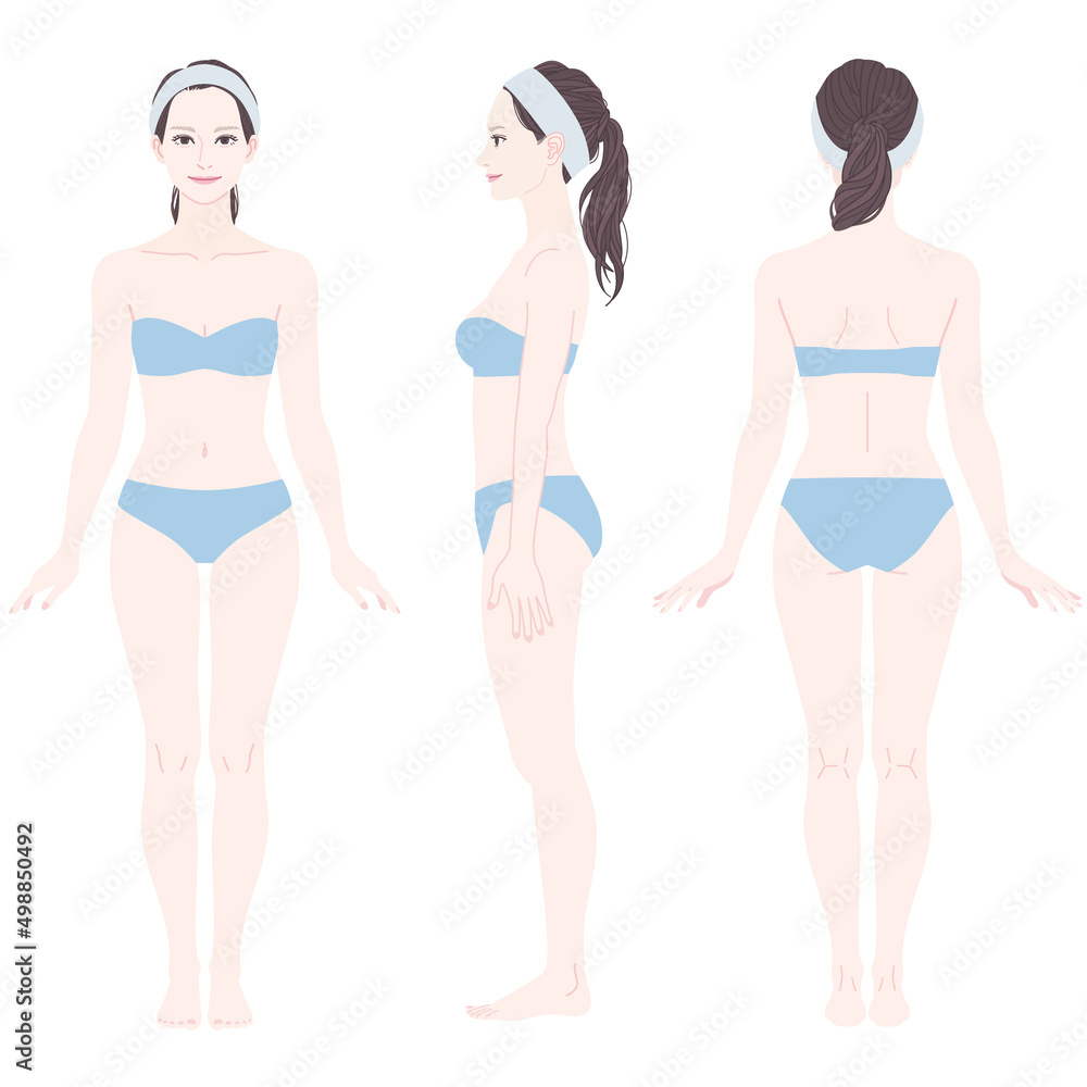 Full-body illustration of a woman］This woman's body has the center of  gravity below. The neck is long and the waist and bust are low.She is  wearing underwear.Front, Side, Rear view. Stock-Vektorgrafik