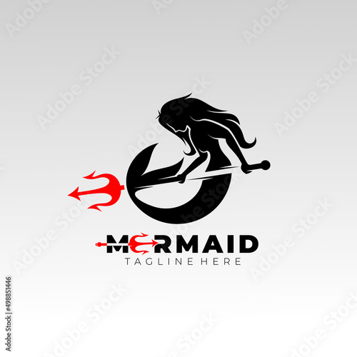 Mermaid logo with design mythology, flat style, underwater