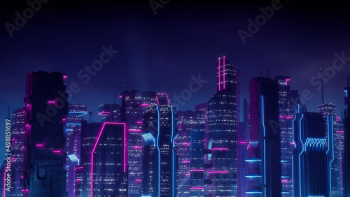 Cyberpunk Cityscape with Blue and Pink Neon lights. Night scene with Visionary Architecture. photo