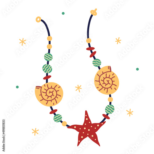 Seashell necklace vector icon. Beads made from mollusk shells, starfish, pearls. Beach jewelry on silk. Homemade accessory, choker for summer vacation, travel. Flat cartoon clipart isolated on white