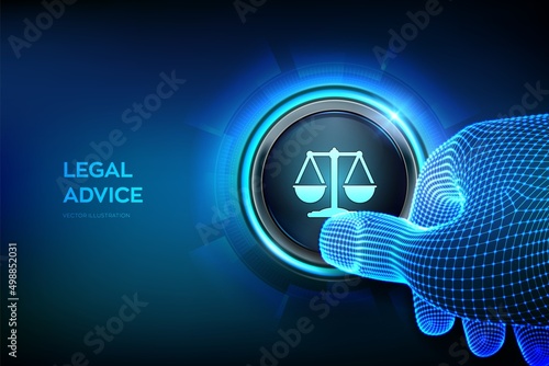 Labor law, Lawyer, Attorney at law, Legal advice concept. Closeup finger about to press a button. Internet law and cyberlaw as digital legal services or online lawyer advice. Vecto illustration.