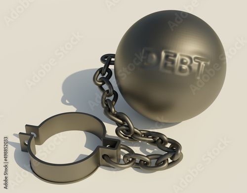 Heavy Iron ball with imprinted text DEBT attached to an open shackle with a strong chain.  Debt trap concept. 3D rendering illustration.