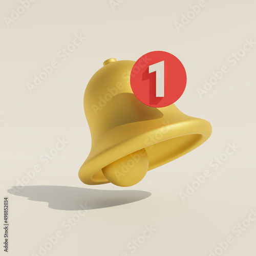 Notification bell with number 1. Alert. 3D rendering illustration. 