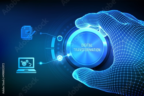Digital transformation. Digitization of business processes and modern technology. Wireframe hand turning a knob and selecting digital mode. Digitalization of analog data concept. Vector illustration. photo