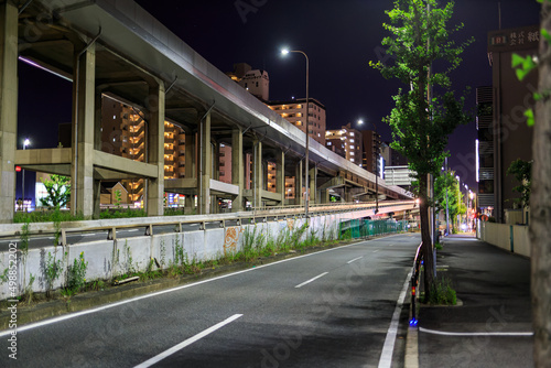 Empty street and elevated roadway through urban area at night