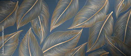 Luxury dark blue art background with tropical leaves in art line style. Stylish botanical banner for packaging design, interior design, wallpaper, print, textile