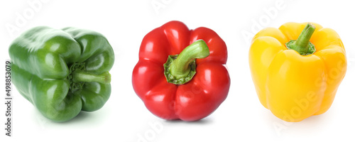 Green, red and yellow bell pepper isolated on white