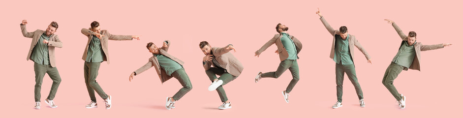 Cool dancing young man on color background