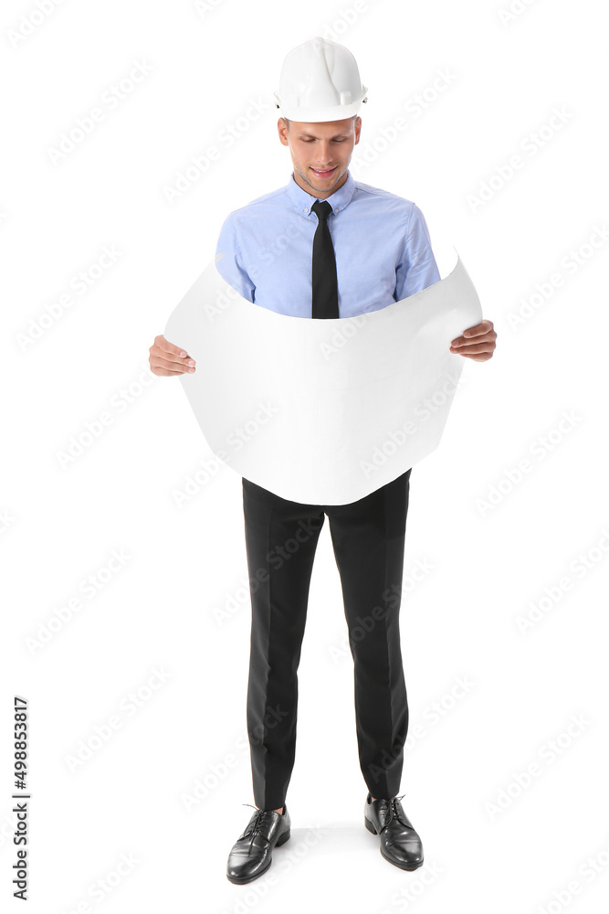 Young male designer with drawings on white background Young male designer with drawings on white background